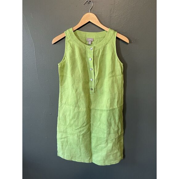 J. Jill Womens Green Sleeveless 3/4 Button Up Shirt Dress Size XS Petite Linen - Picture 1 of 3